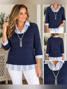 Alfred Dunner Women’s Small Navy Layered Sweater Shirt Necklace Set